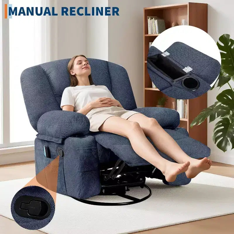 Oversized Swivel Rocker Recliner with Soothing Massage & Lumbar Warmth, Manual Reclining Chair with Cup Holders, Chenille/PU Fabric