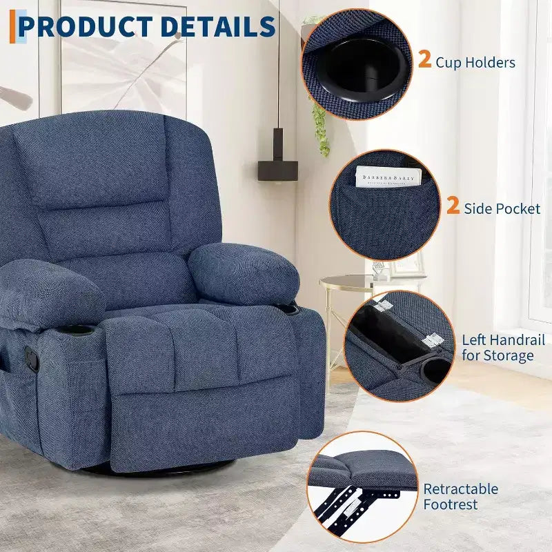 Oversized Swivel Rocker Recliner with Soothing Massage & Lumbar Warmth, Manual Reclining Chair with Cup Holders, Chenille/PU Fabric