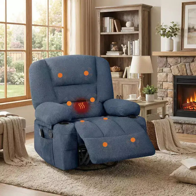 Oversized Swivel Rocker Recliner with Soothing Massage & Lumbar Warmth, Manual Reclining Chair with Cup Holders, Chenille/PU Fabric