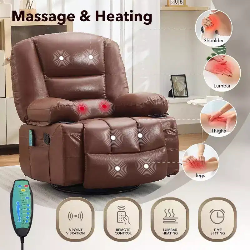 Oversized Swivel Rocker Recliner with Soothing Massage & Lumbar Warmth, Manual Reclining Chair with Cup Holders, Chenille/PU Fabric