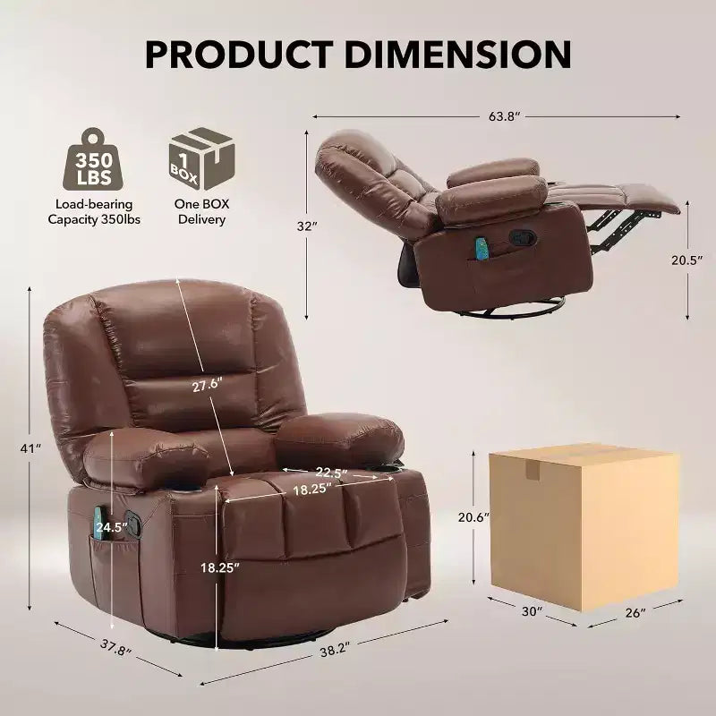 Oversized Swivel Rocker Recliner with Soothing Massage & Lumbar Warmth, Manual Reclining Chair with Cup Holders, Chenille/PU Fabric