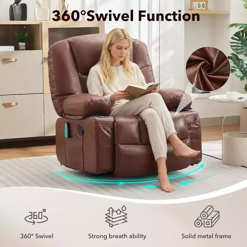 Oversized Swivel Rocker Recliner with Soothing Massage & Lumbar Warmth, Manual Reclining Chair with Cup Holders, Chenille/PU Fabric