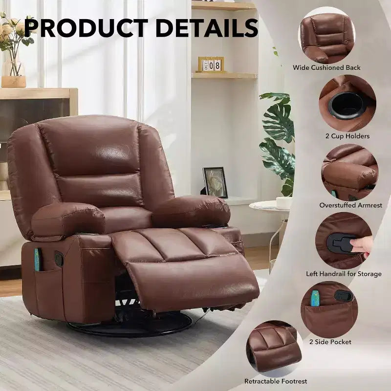 Oversized Swivel Rocker Recliner with Soothing Massage & Lumbar Warmth, Manual Reclining Chair with Cup Holders, Chenille/PU Fabric