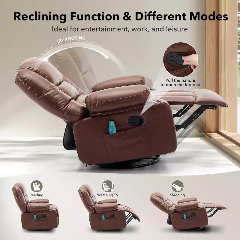 Oversized Swivel Rocker Recliner with Soothing Massage & Lumbar Warmth, Manual Reclining Chair with Cup Holders, Chenille/PU Fabric