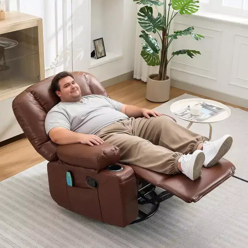 Oversized Swivel Rocker Recliner with Soothing Massage & Lumbar Warmth, Manual Reclining Chair with Cup Holders, Chenille/PU Fabric