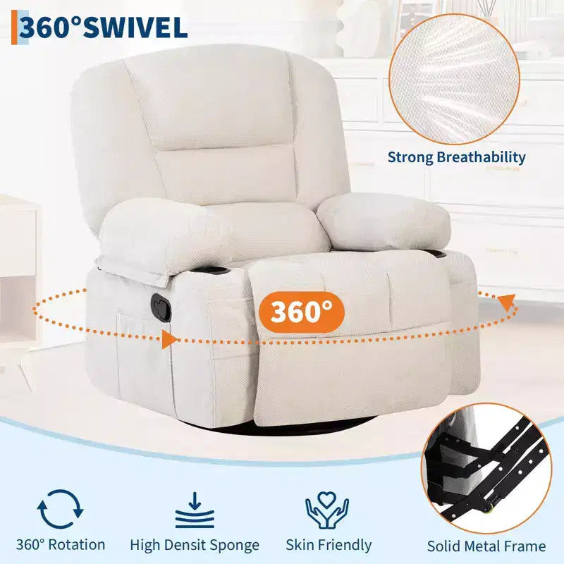 Oversized Swivel Rocker Recliner with Soothing Massage & Lumbar Warmth, Manual Reclining Chair with Cup Holders, Chenille/PU Fabric