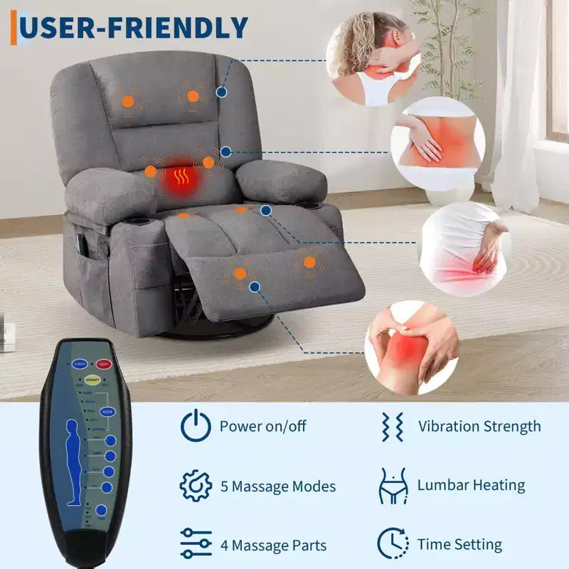Oversized Swivel Rocker Recliner with Soothing Massage & Lumbar Warmth, Manual Reclining Chair with Cup Holders, Chenille/PU Fabric