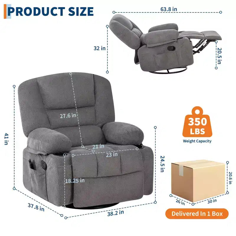 Oversized Swivel Rocker Recliner with Soothing Massage & Lumbar Warmth, Manual Reclining Chair with Cup Holders, Chenille/PU Fabric