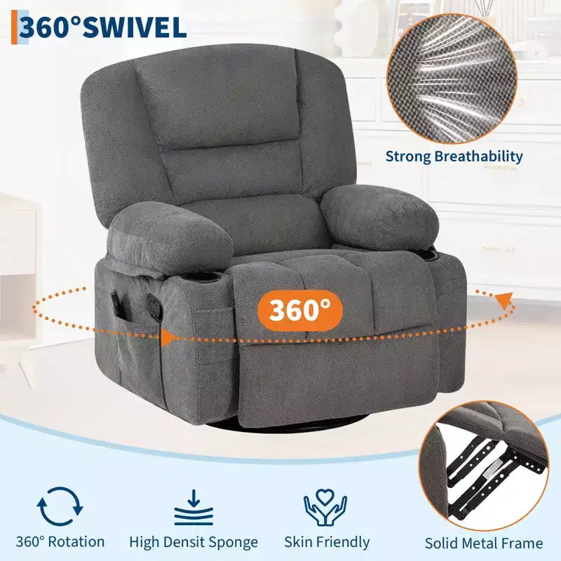 Oversized Swivel Rocker Recliner with Soothing Massage & Lumbar Warmth, Manual Reclining Chair with Cup Holders, Chenille/PU Fabric
