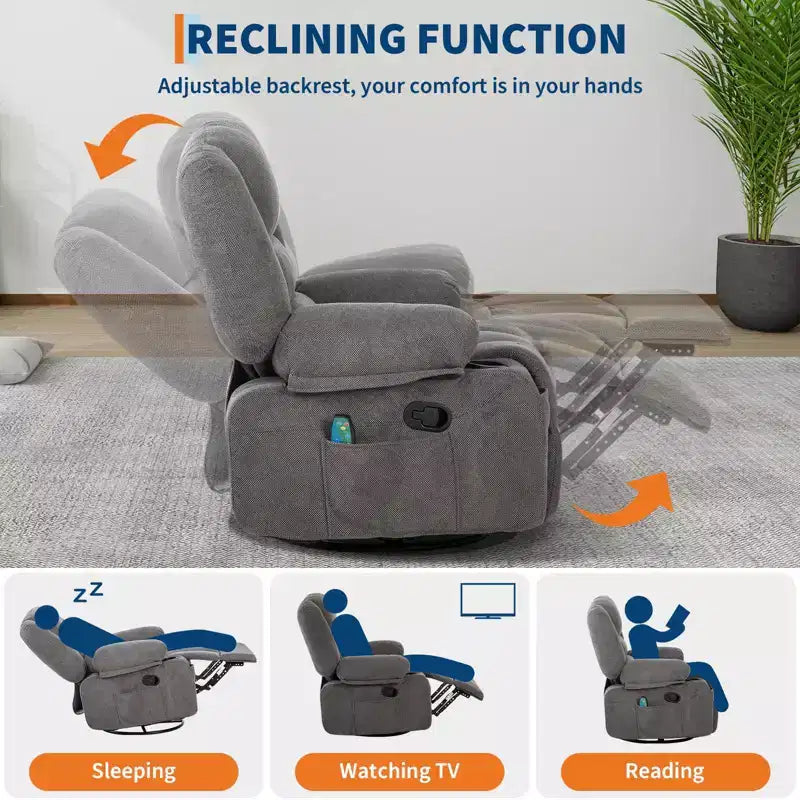 Oversized Swivel Rocker Recliner with Soothing Massage & Lumbar Warmth, Manual Reclining Chair with Cup Holders, Chenille/PU Fabric