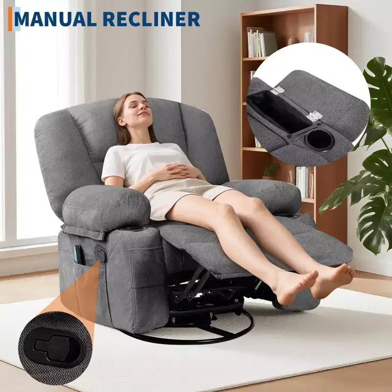 Oversized Swivel Rocker Recliner with Soothing Massage & Lumbar Warmth, Manual Reclining Chair with Cup Holders, Chenille/PU Fabric