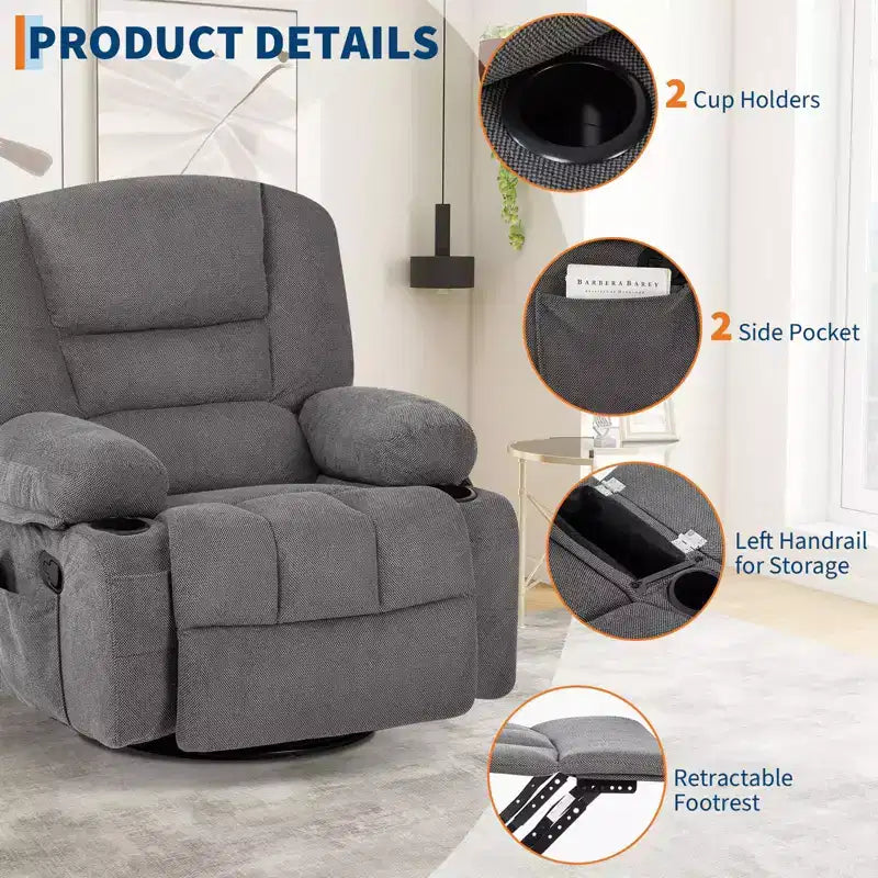 Oversized Swivel Rocker Recliner with Soothing Massage & Lumbar Warmth, Manual Reclining Chair with Cup Holders, Chenille/PU Fabric