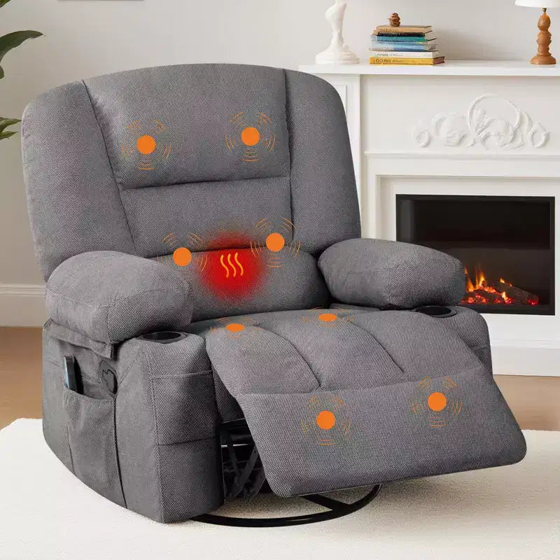 Oversized Swivel Rocker Recliner with Soothing Massage & Lumbar Warmth, Manual Reclining Chair with Cup Holders, Chenille/PU Fabric