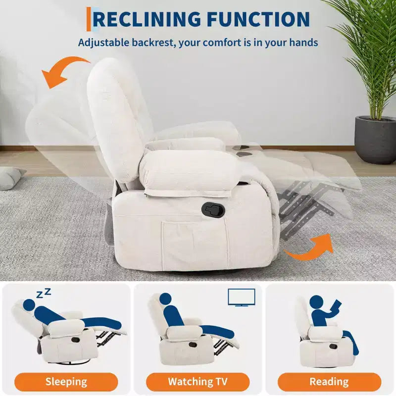 Oversized Swivel Rocker Recliner with Soothing Massage & Lumbar Warmth, Manual Reclining Chair with Cup Holders, Chenille/PU Fabric