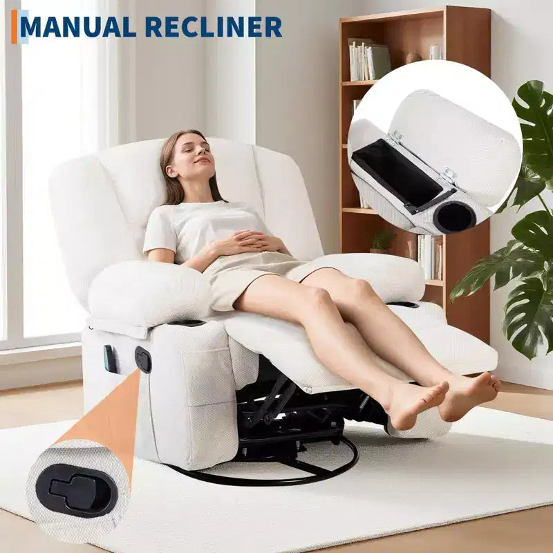 Oversized Swivel Rocker Recliner with Soothing Massage & Lumbar Warmth, Manual Reclining Chair with Cup Holders, Chenille/PU Fabric