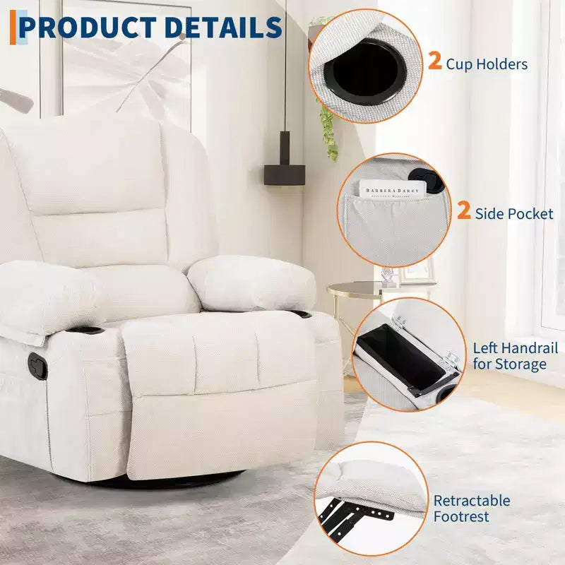 Oversized Swivel Rocker Recliner with Soothing Massage & Lumbar Warmth, Manual Reclining Chair with Cup Holders, Chenille/PU Fabric
