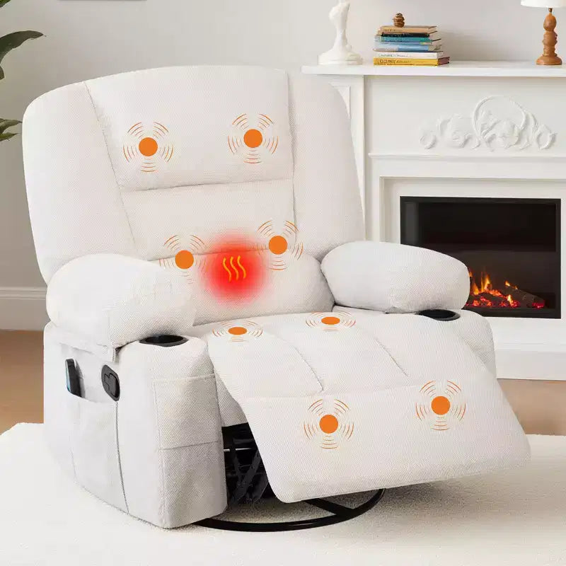 Oversized Swivel Rocker Recliner with Soothing Massage & Lumbar Warmth, Manual Reclining Chair with Cup Holders, Chenille/PU Fabric