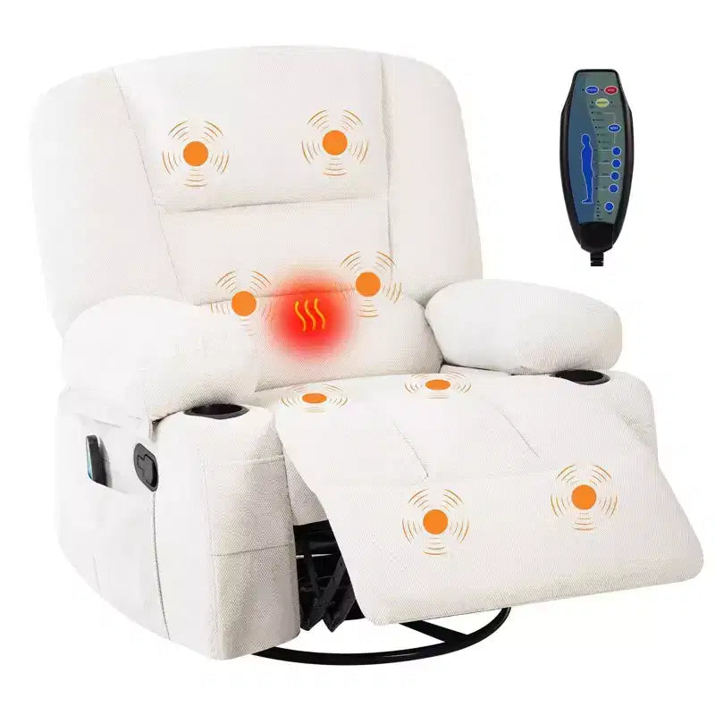 Oversized Swivel Rocker Recliner with Soothing Massage & Lumbar Warmth, Manual Reclining Chair with Cup Holders, Chenille/PU Fabric