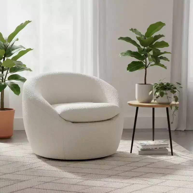 Homy Casa Modern Boucle Swivel Barrel Accent Chair with 360 Base and Cushioned Seat, for Living Room or Bedroom, White