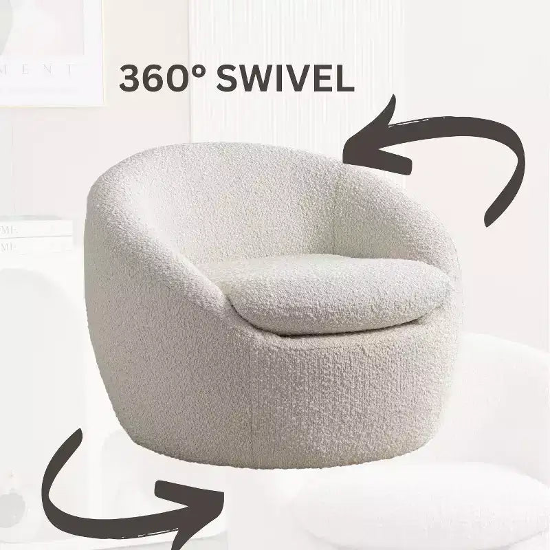 Fauteuil d'appoint pivotant Homy Casa Modern Boucle avec base 360° et assise rembourrée, pour salon ou chambre à coucher, Blanc