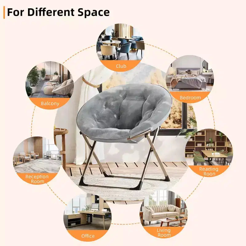 Fauteuils soucoupe confortables, fauteuil de lecture pliant, fauteuil de salon douillet en fausse fourrure avec siège rembourré épais et doux et cadre en métal, style moderne pour la maison