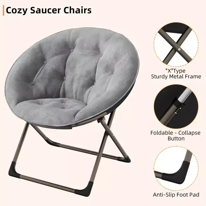 Fauteuils soucoupe confortables, fauteuil de lecture pliant, fauteuil de salon douillet en fausse fourrure avec siège rembourré épais et doux et cadre en métal, style moderne pour la maison