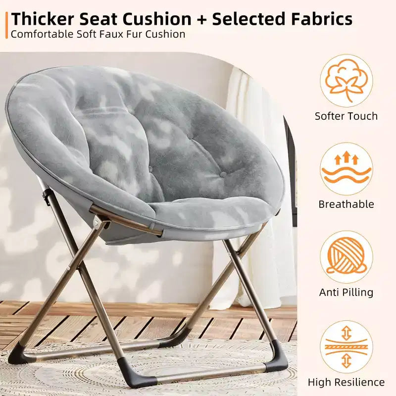 Fauteuils soucoupe confortables, fauteuil de lecture pliant, fauteuil de salon douillet en fausse fourrure avec siège rembourré épais et doux et cadre en métal, style moderne pour la maison