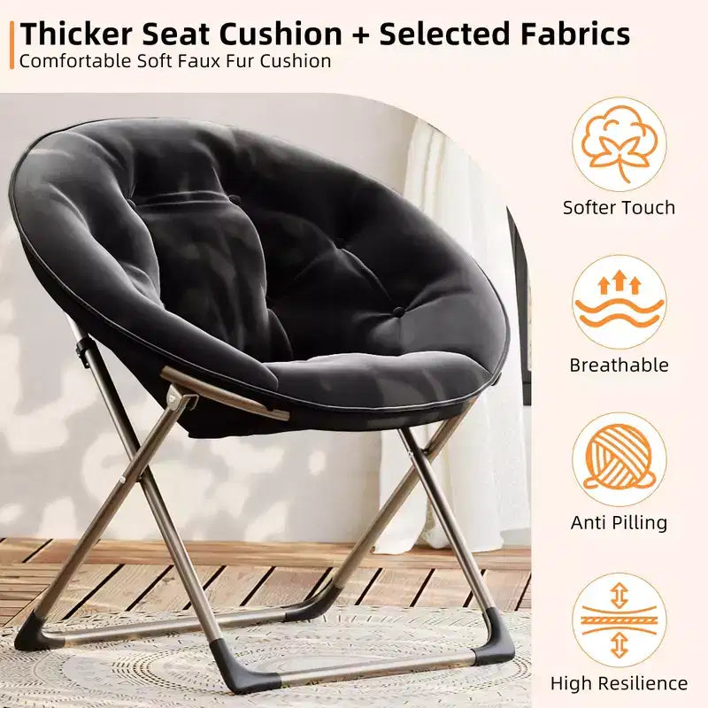 Fauteuils soucoupe confortables, fauteuil de lecture pliant, fauteuil de salon douillet en fausse fourrure avec siège rembourré épais et doux et cadre en métal, style moderne pour la maison