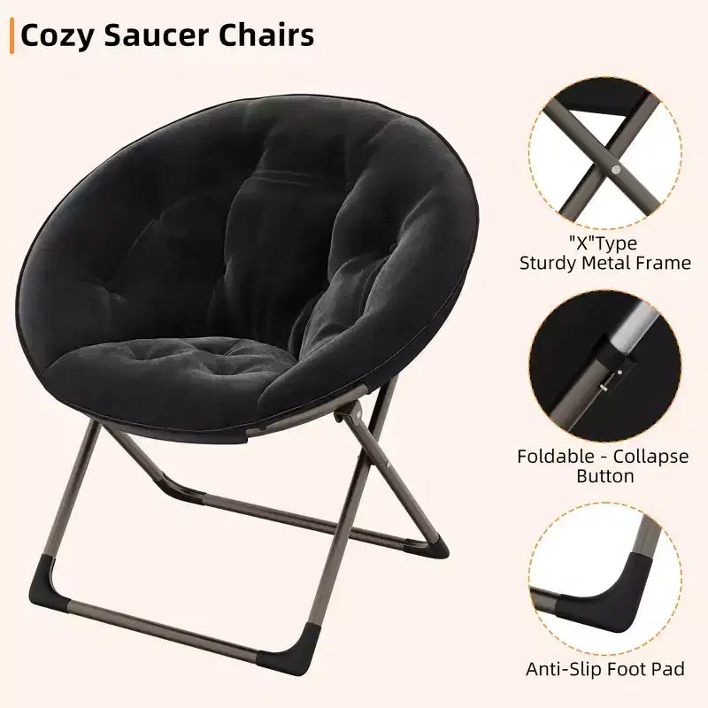 Fauteuils soucoupe confortables, fauteuil de lecture pliant, fauteuil de salon douillet en fausse fourrure avec siège rembourré épais et doux et cadre en métal, style moderne pour la maison