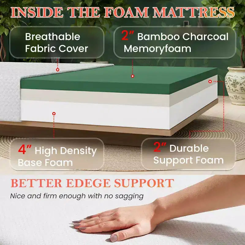 Matelas en mousse à mémoire de forme au charbon de bambou de 8 pouces, fermeté moyenne