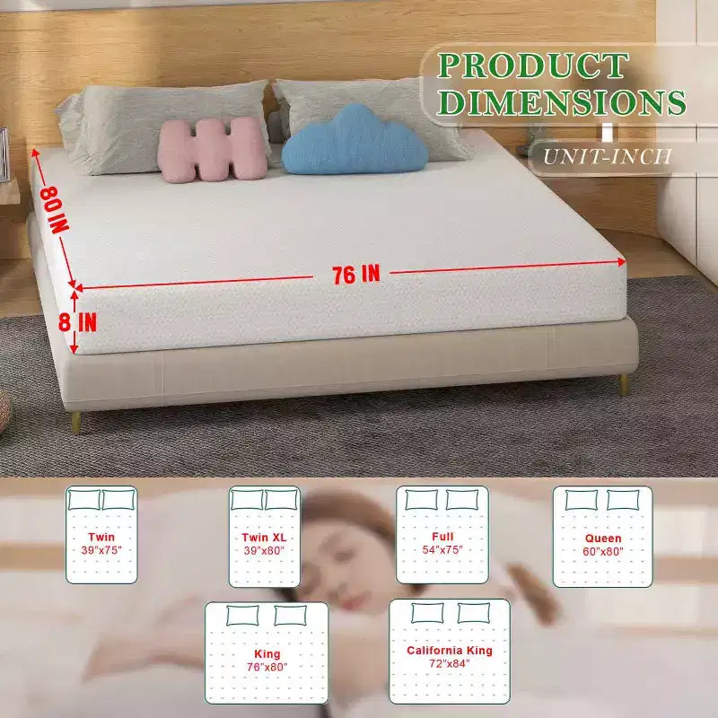 Matelas en mousse à mémoire de forme au charbon de bambou de 8 pouces, fermeté moyenne