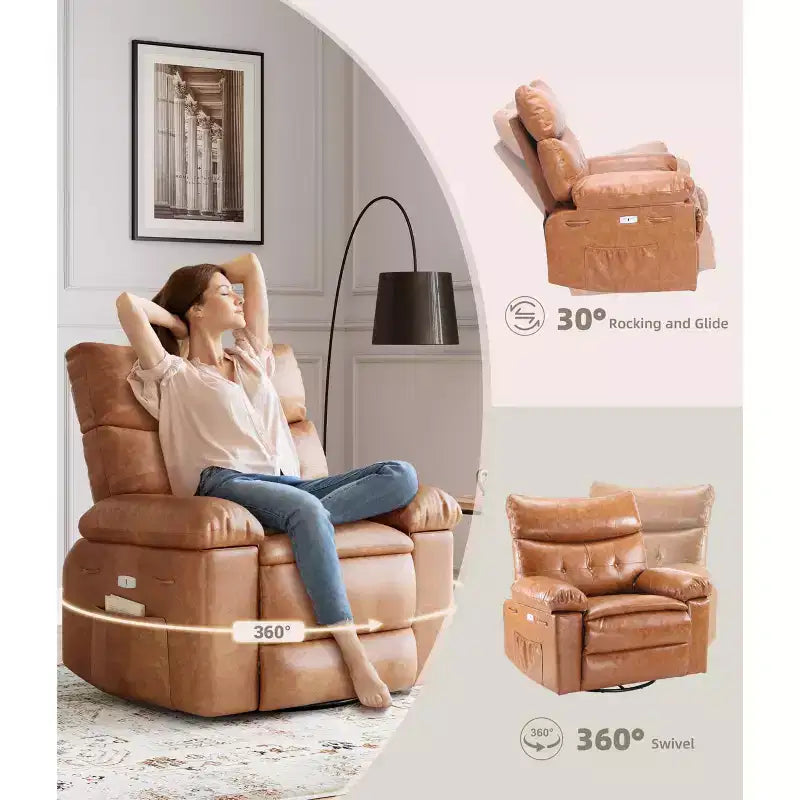 Fauteuil inclinable, pivotant et berçant extra-large GustoWave pour adultes, canapé inclinable massant, fauteuil de nurserie rembourré et inclinable