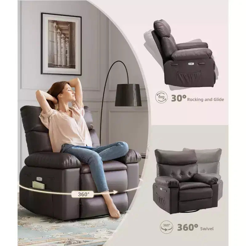 Fauteuil inclinable, pivotant et berçant extra-large GustoWave pour adultes, canapé inclinable massant, fauteuil de nurserie rembourré et inclinable