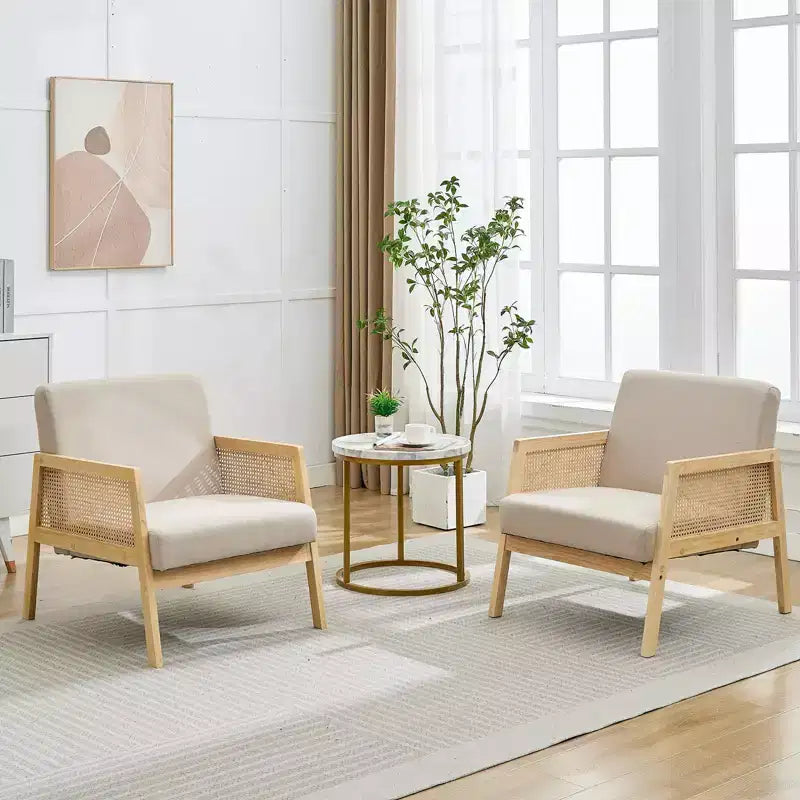 GustoWave 2PC Wood Rattan Accent Chair with Linen Fabric Upholstered, Lounge Arm Chair with Soft Cushion for Living Room, Beige