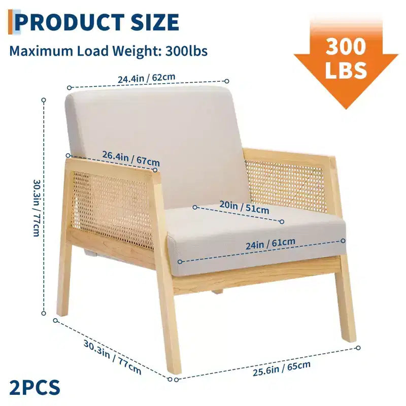 GustoWave Fauteuil d'appoint en bois et rotin 2 pièces avec revêtement en tissu de lin, fauteuil de salon avec coussin moelleux pour le salon, beige