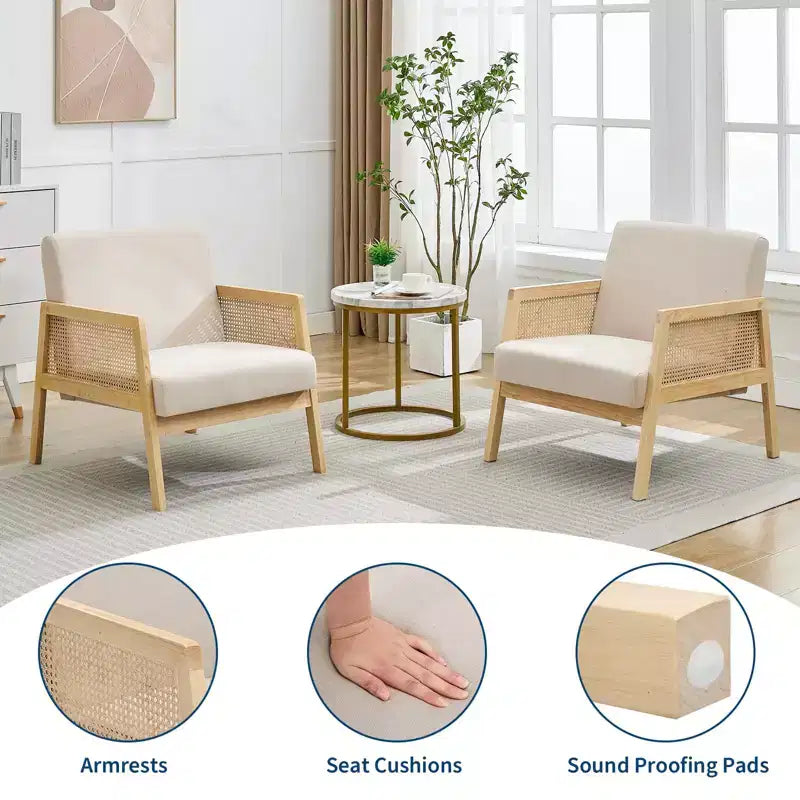 GustoWave Fauteuil d'appoint en bois et rotin 2 pièces avec revêtement en tissu de lin, fauteuil de salon avec coussin moelleux pour le salon, beige
