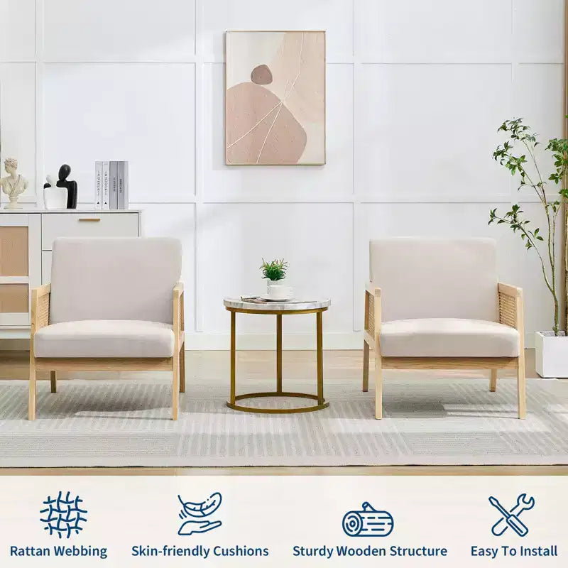 GustoWave Fauteuil d'appoint en bois et rotin 2 pièces avec revêtement en tissu de lin, fauteuil de salon avec coussin moelleux pour le salon, beige