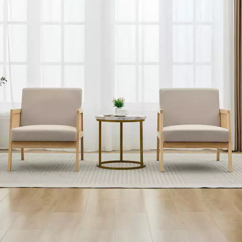 GustoWave Fauteuil d'appoint en bois et rotin 2 pièces avec revêtement en tissu de lin, fauteuil de salon avec coussin moelleux pour le salon, beige
