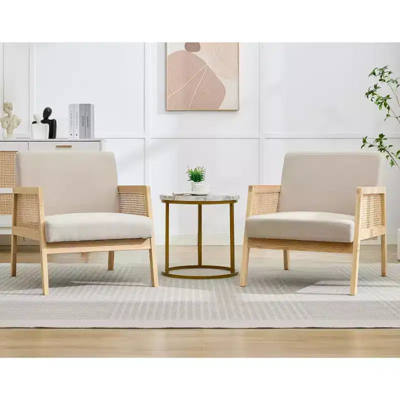 GustoWave Fauteuil d'appoint en bois et rotin 2 pièces avec revêtement en tissu de lin, fauteuil de salon avec coussin moelleux pour le salon, beige