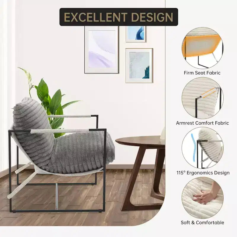 Fauteuil bas de salon, lot de 2, structure en métal avec accoudoirs, coussin en mousse déchiquetée, fauteuil surdimensionné pour chambre, bureau, gris clair