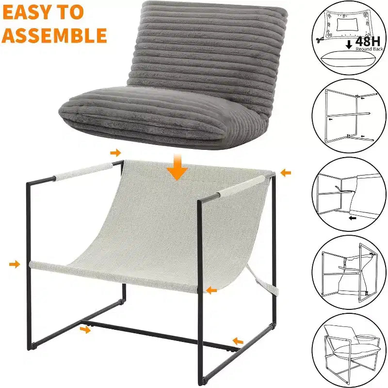 Fauteuil bas de salon, lot de 2, structure en métal avec accoudoirs, coussin en mousse déchiquetée, fauteuil surdimensionné pour chambre, bureau, gris clair