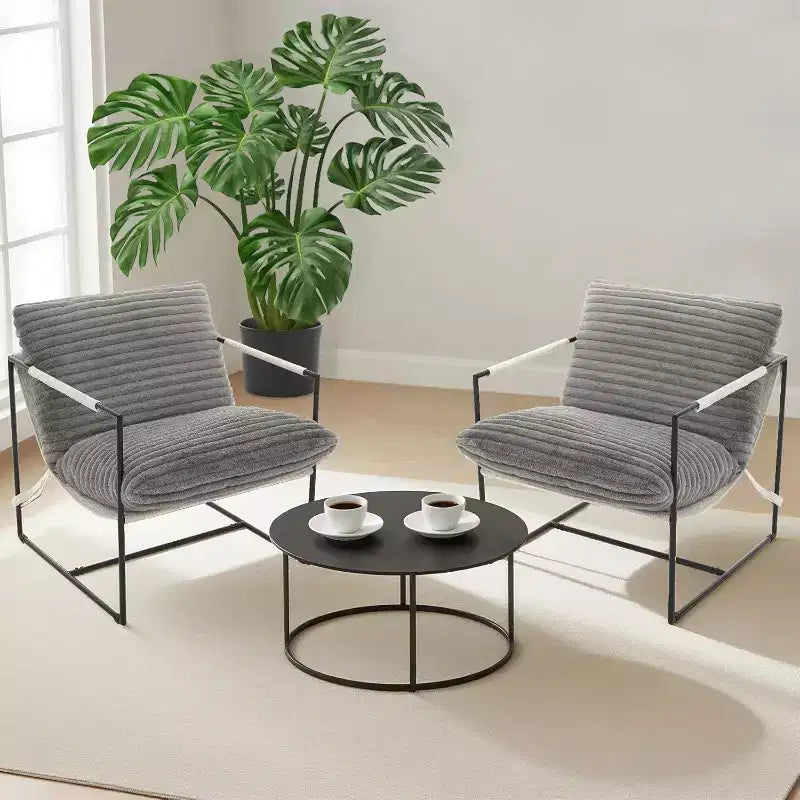 Fauteuil bas de salon, lot de 2, structure en métal avec accoudoirs, coussin en mousse déchiquetée, fauteuil surdimensionné pour chambre, bureau, gris clair