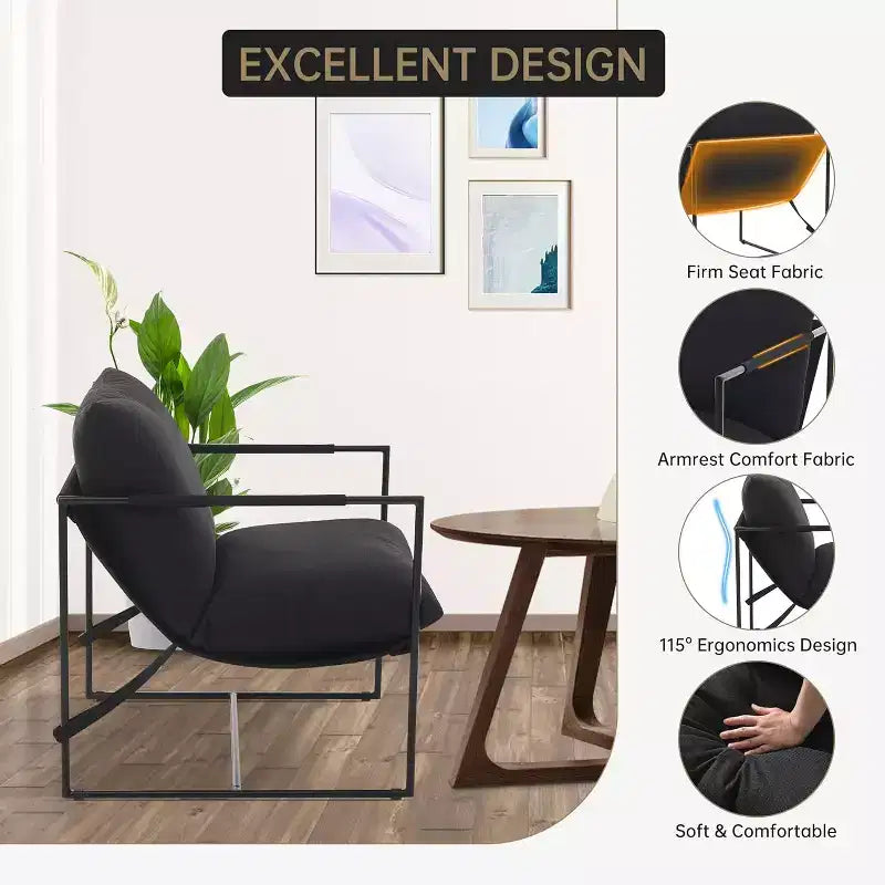 Fauteuil bas de salon, lot de 2, structure en métal avec accoudoirs, coussin en mousse déchiquetée, fauteuil surdimensionné pour chambre, bureau, gris clair