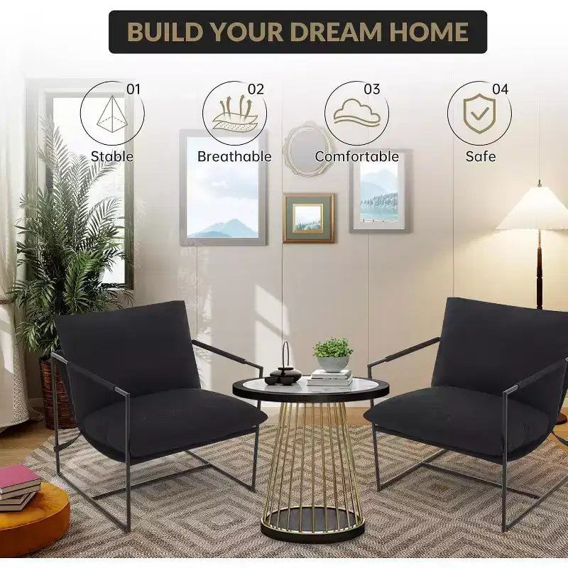 Fauteuil bas de salon, lot de 2, structure en métal avec accoudoirs, coussin en mousse déchiquetée, fauteuil surdimensionné pour chambre, bureau, gris clair