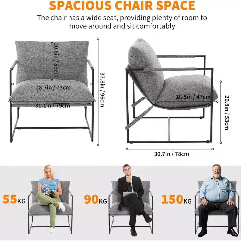 Fauteuil bas de salon, lot de 2, structure en métal avec accoudoirs, coussin en mousse déchiquetée, fauteuil surdimensionné pour chambre, bureau, gris clair