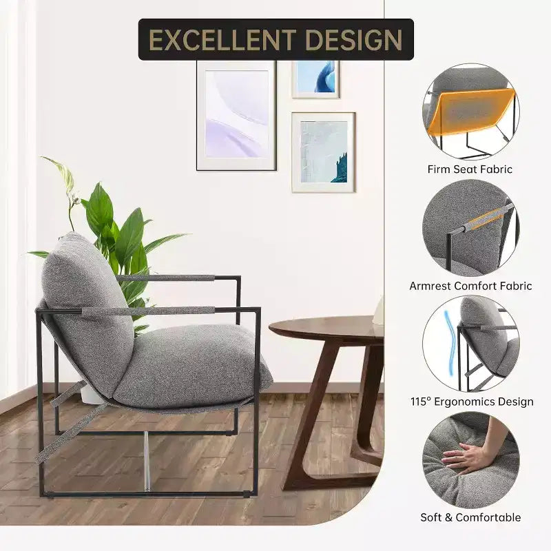 Fauteuil bas de salon, lot de 2, structure en métal avec accoudoirs, coussin en mousse déchiquetée, fauteuil surdimensionné pour chambre, bureau, gris clair