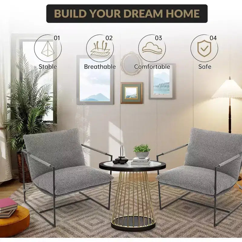 Fauteuil bas de salon, lot de 2, structure en métal avec accoudoirs, coussin en mousse déchiquetée, fauteuil surdimensionné pour chambre, bureau, gris clair