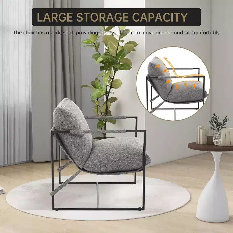 Fauteuil bas de salon, lot de 2, structure en métal avec accoudoirs, coussin en mousse déchiquetée, fauteuil surdimensionné pour chambre, bureau, gris clair