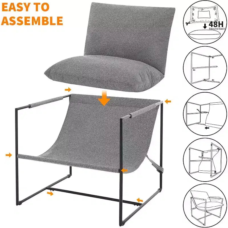 Fauteuil bas de salon, lot de 2, structure en métal avec accoudoirs, coussin en mousse déchiquetée, fauteuil surdimensionné pour chambre, bureau, gris clair