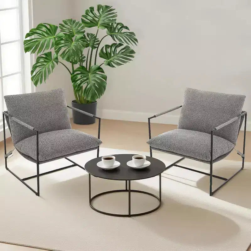 Fauteuil bas de salon, lot de 2, structure en métal avec accoudoirs, coussin en mousse déchiquetée, fauteuil surdimensionné pour chambre, bureau, gris clair